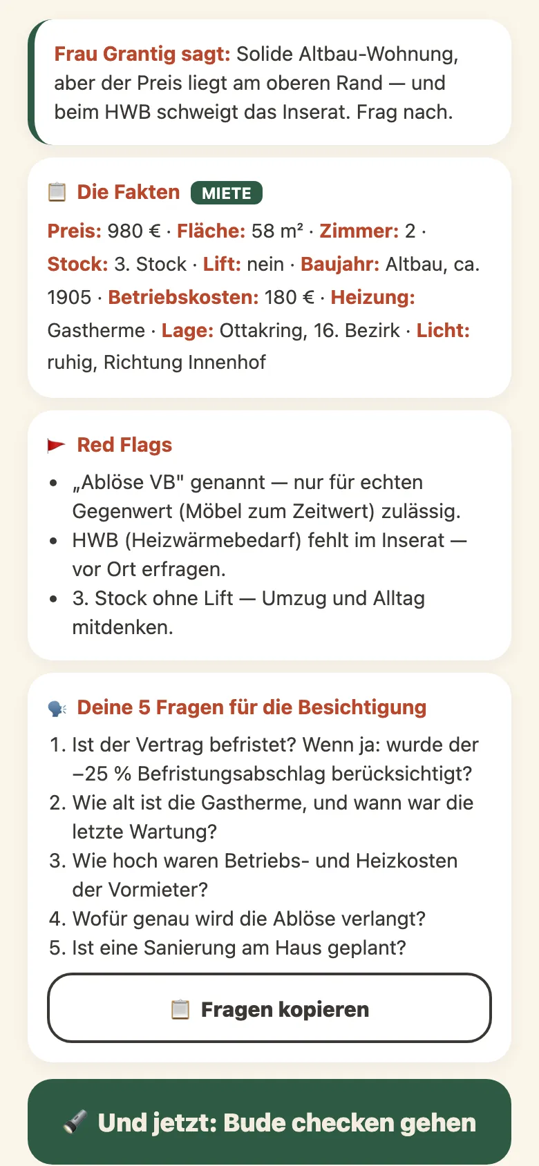 Anzeigen-Analyse mit Fakten, Red Flags und Fragen