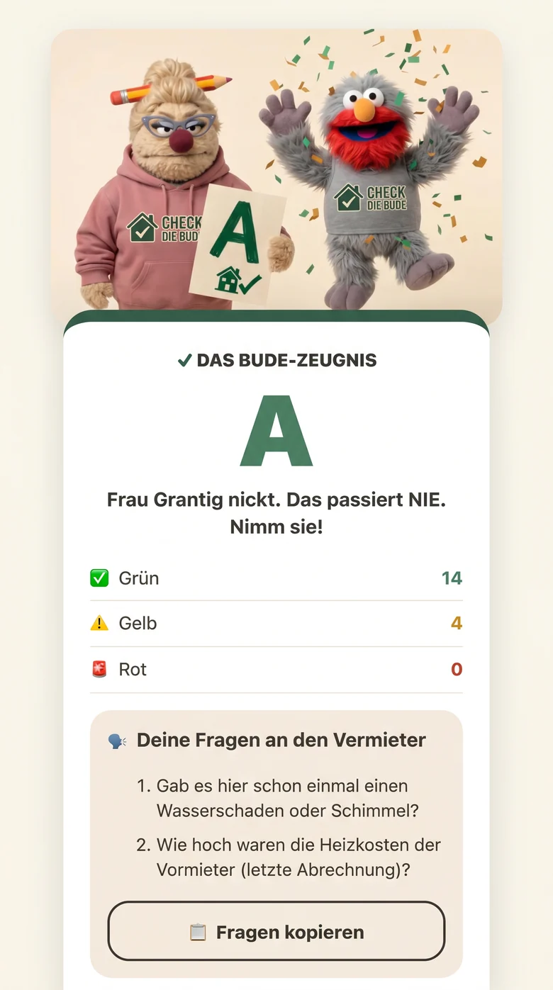 Bude-Zeugnis mit Note A, Ampel-Bilanz und Fragen an den Vermieter